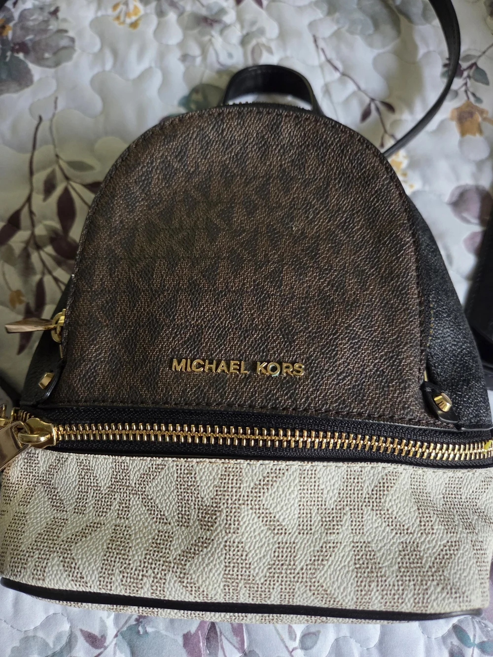 Michael Kors Brown and Beige Mini Backpack with Gold Hardware